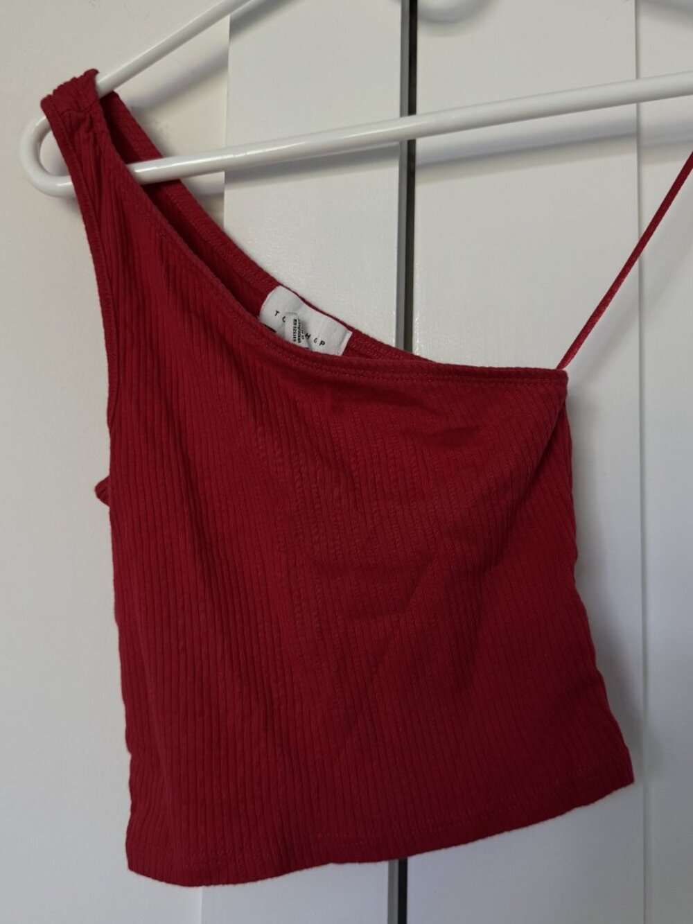 Topshop Ribbed One Shoulder Asymmetric Crop Top Red